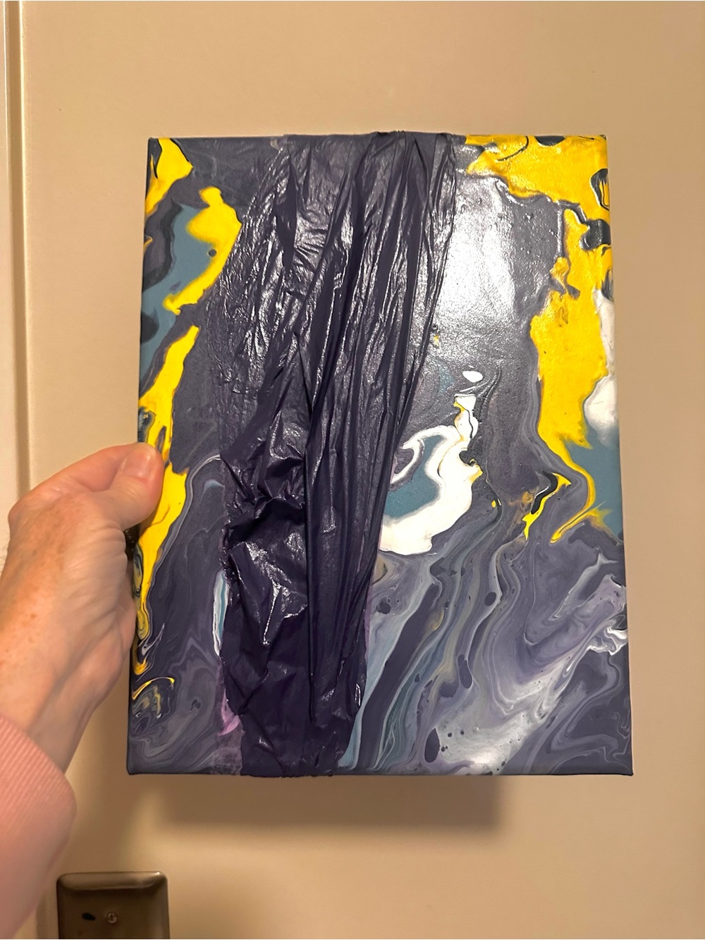 Hand crafted Abstract Pour Painting Canvas in Purple, Yellow, Teal, White - Picture 7 of 8